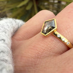 18ct yellow gold salt and pepper shield diamond engagement bezel ring