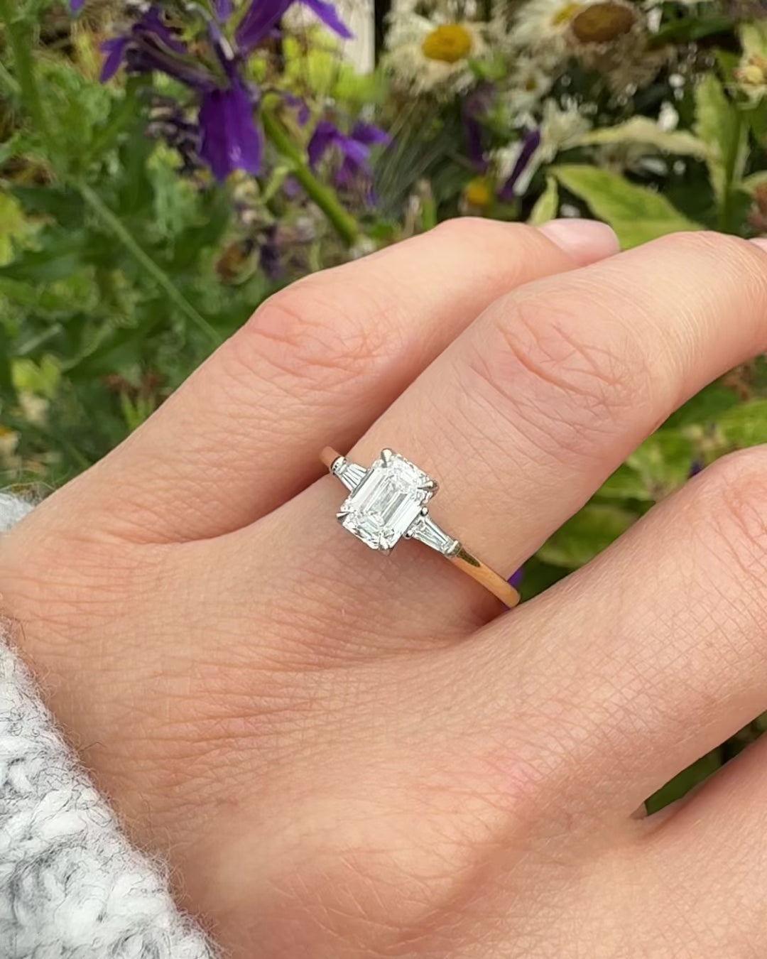 18ct yellow gold emerald cut trilogy lab grown diamond ring UK