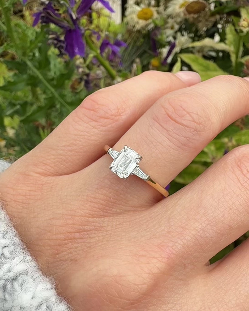 18ct yellow gold emerald cut trilogy lab grown diamond ring UK