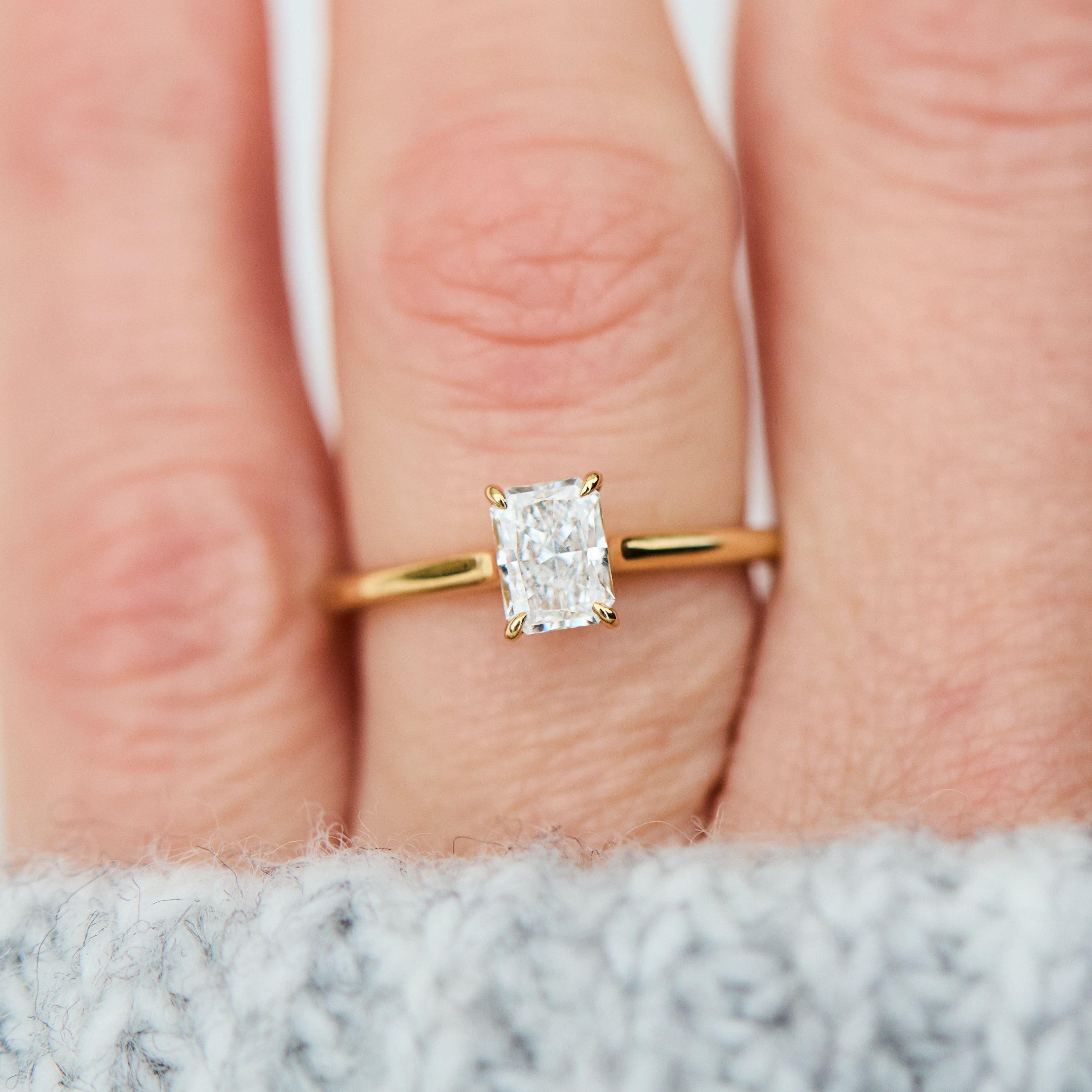 radiant cut lab grown diamond engagement solitaire ring in yellow gold