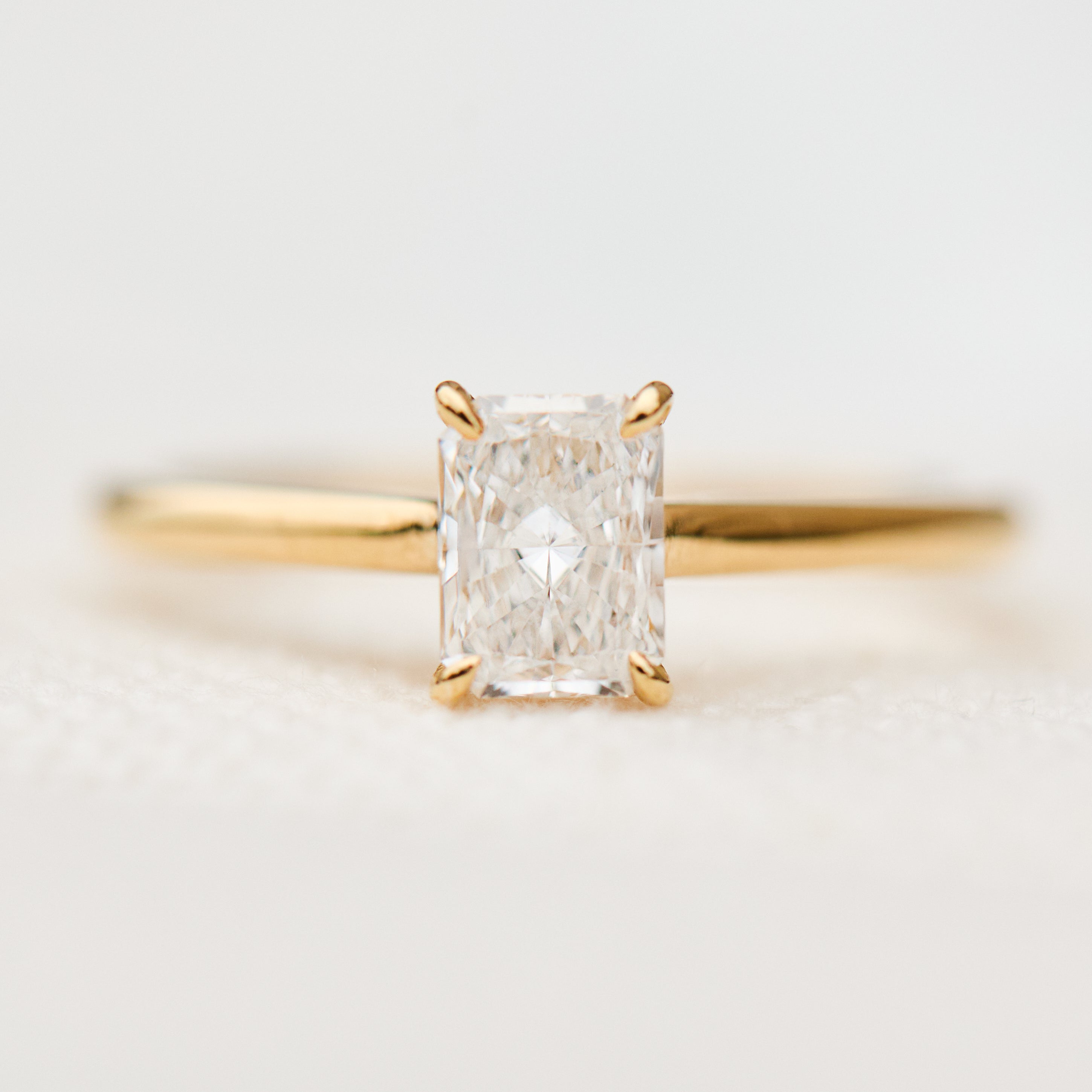 radiant cut lab grown diamond engagement solitaire ring in yellow gold