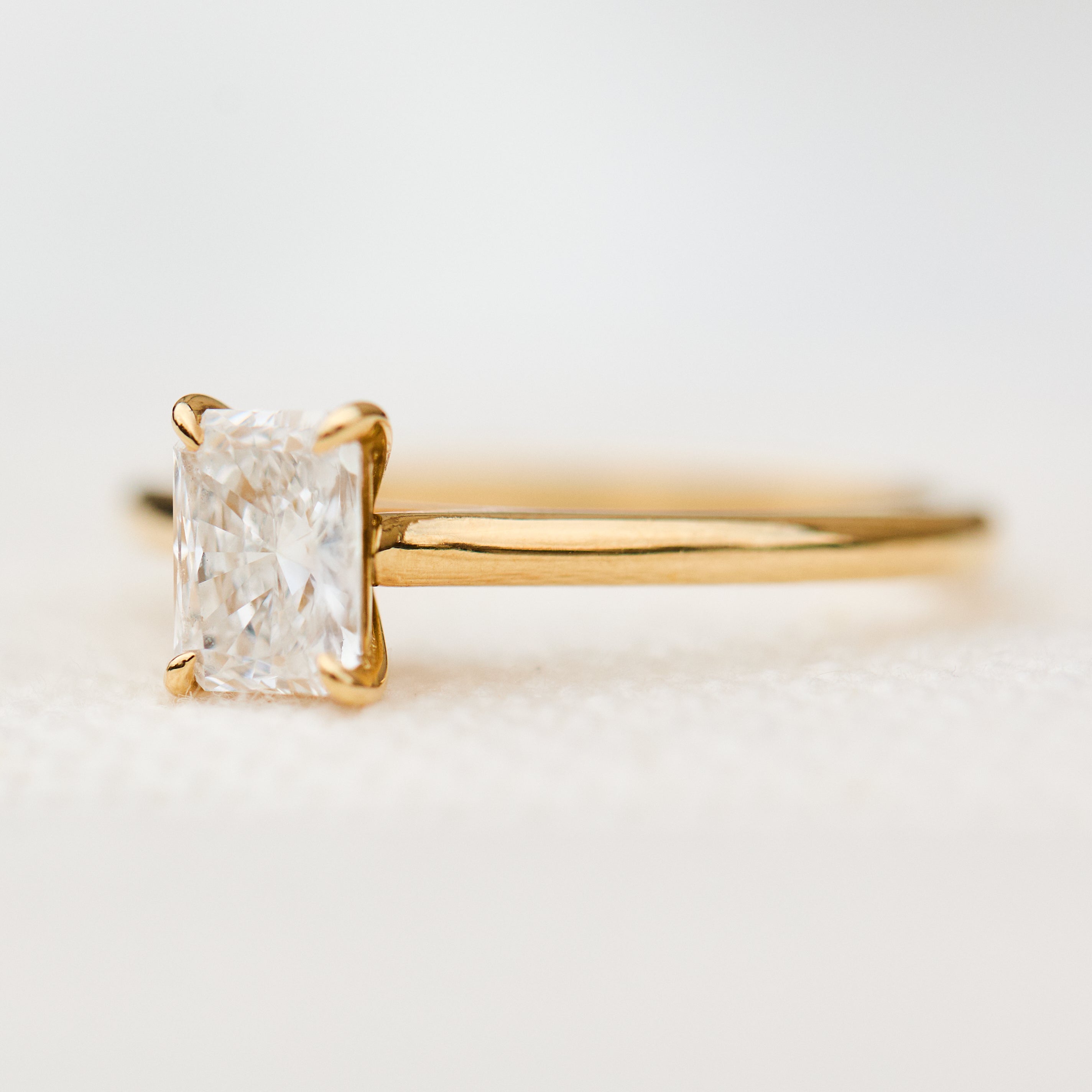 radiant cut lab grown diamond engagement solitaire ring in yellow gold
