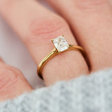 radiant cut lab grown diamond engagement solitaire ring in yellow gold