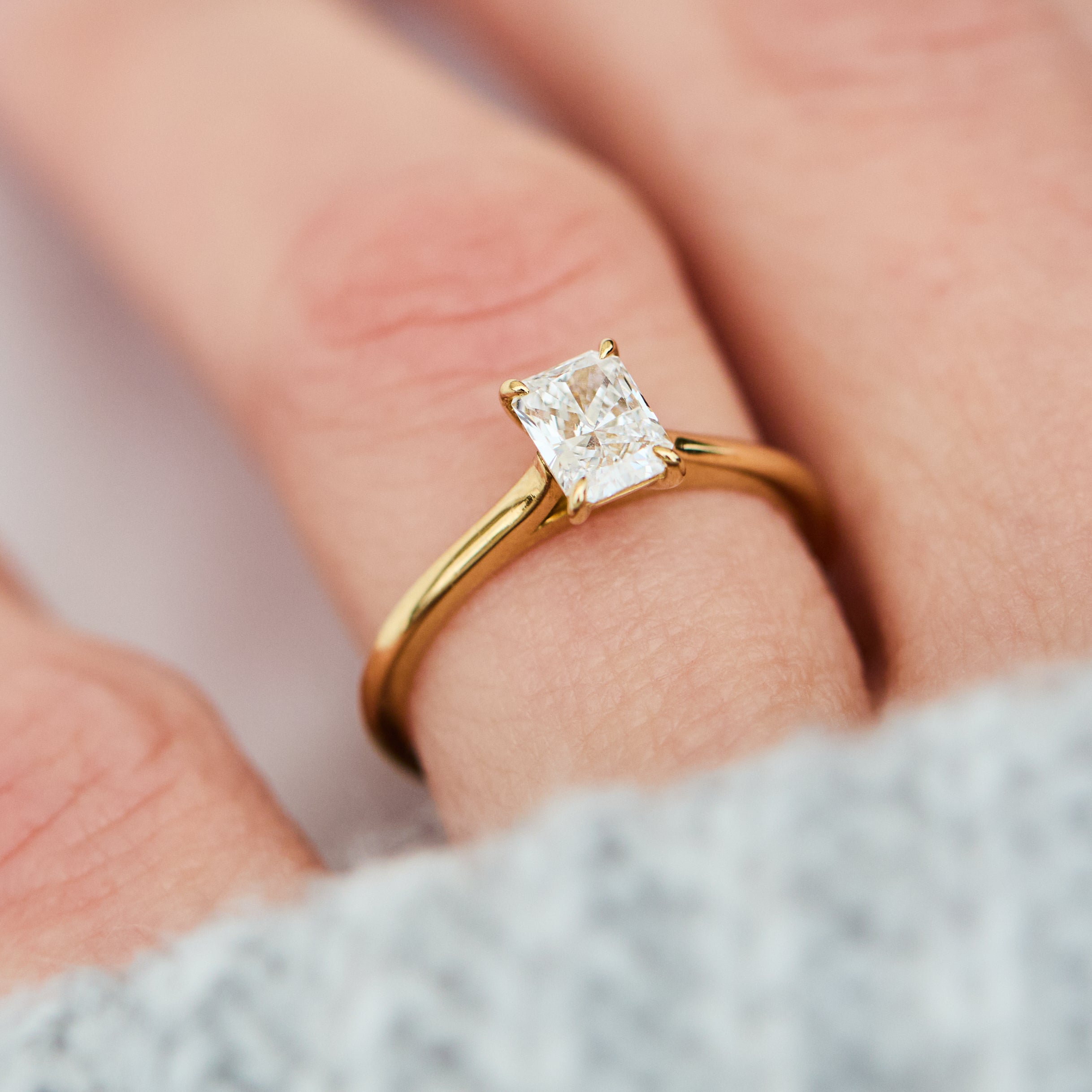 radiant cut lab grown diamond engagement solitaire ring in yellow gold
