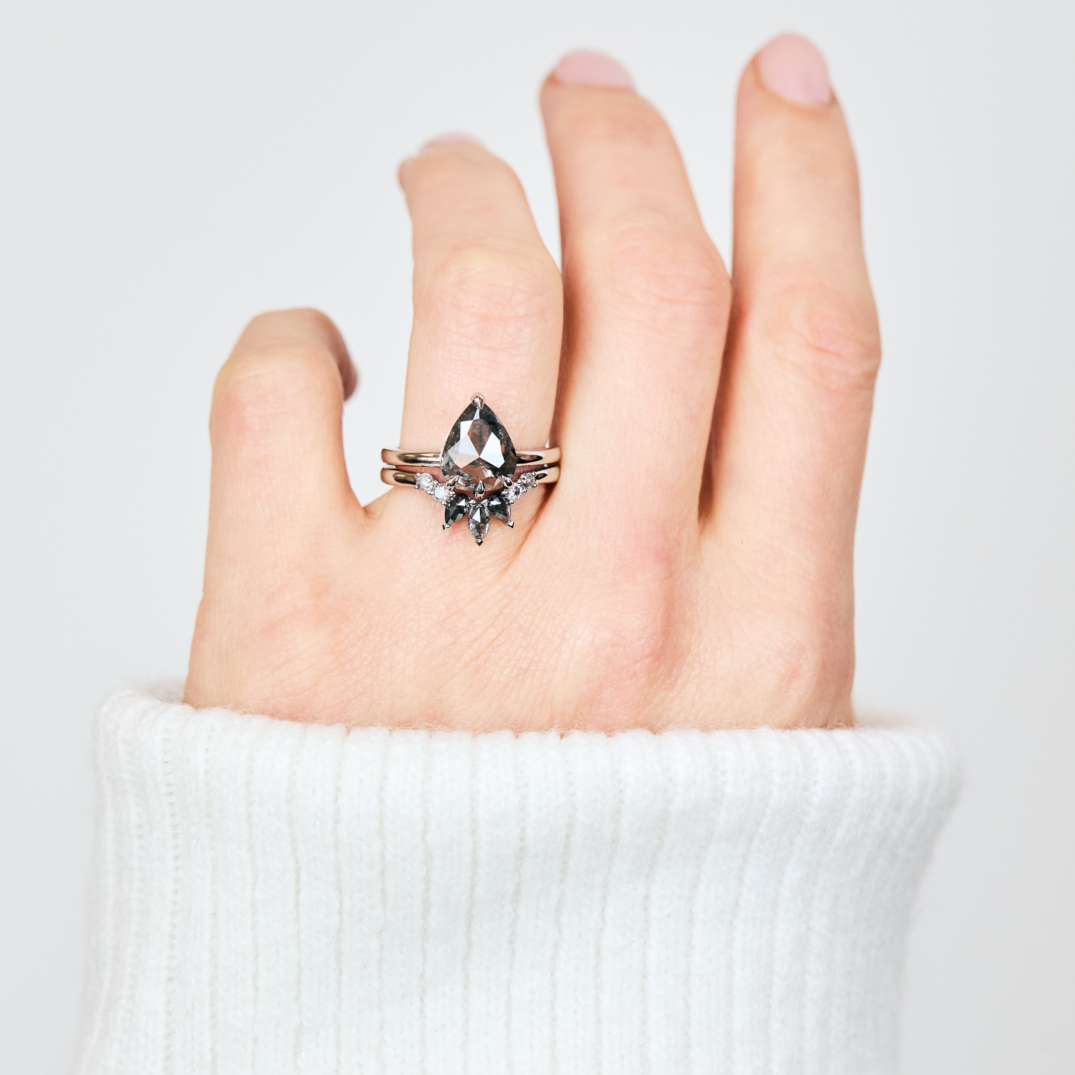 Pear Rose Cut Dark Salt and Pepper Diamond Solitaire Engagement Ring