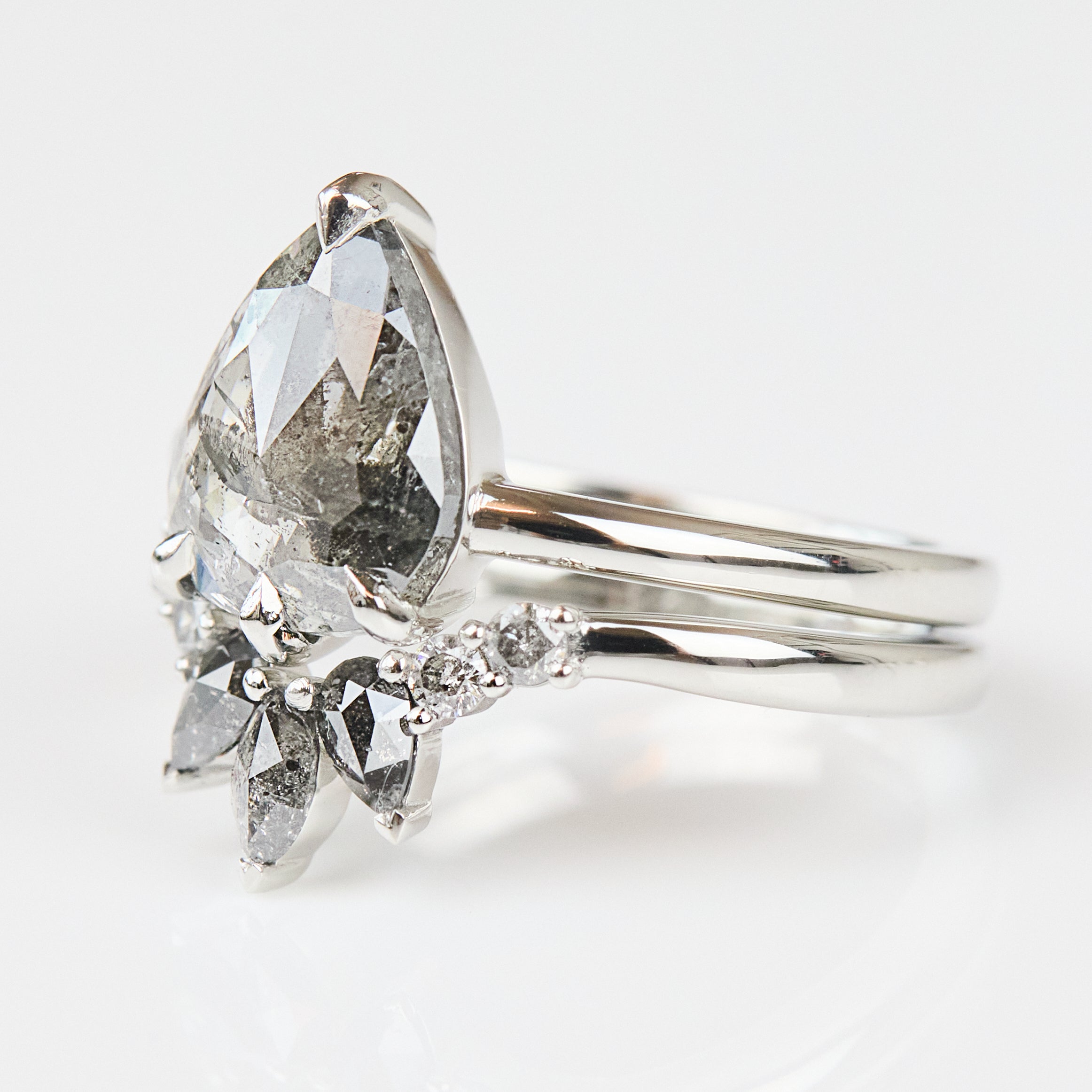 Pear Rose Cut Dark Salt and Pepper Diamond Solitaire Engagement Ring