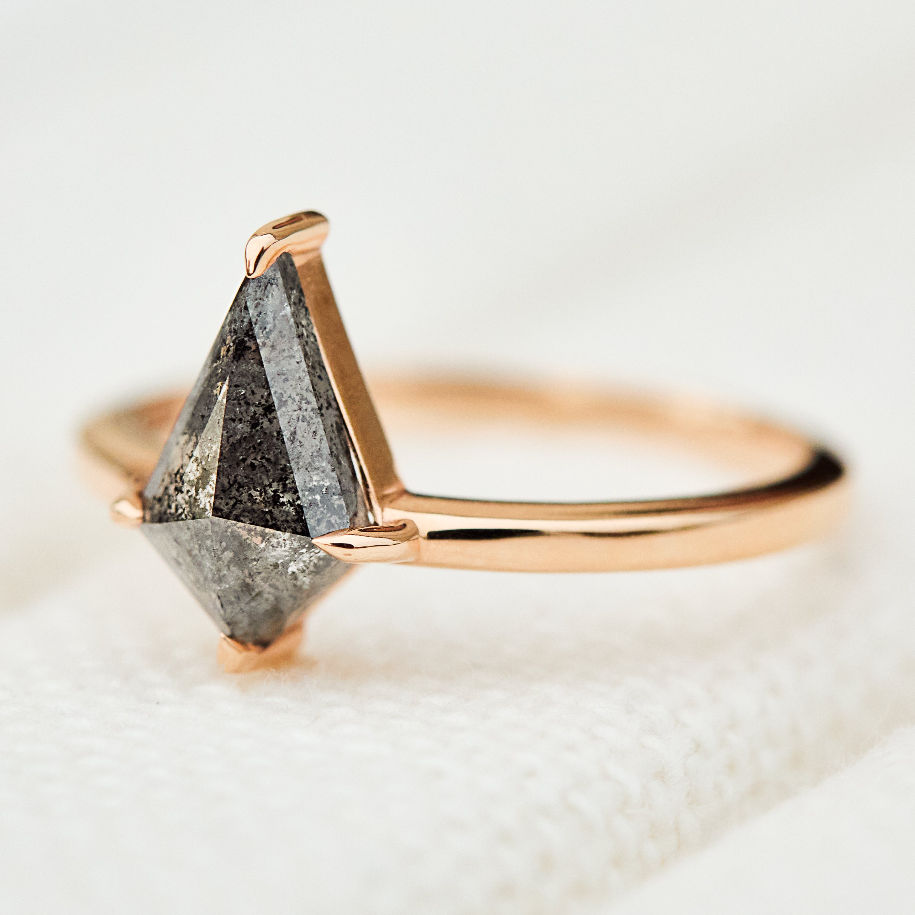 rose gol kite shape salt and pepper diamond engagement ring