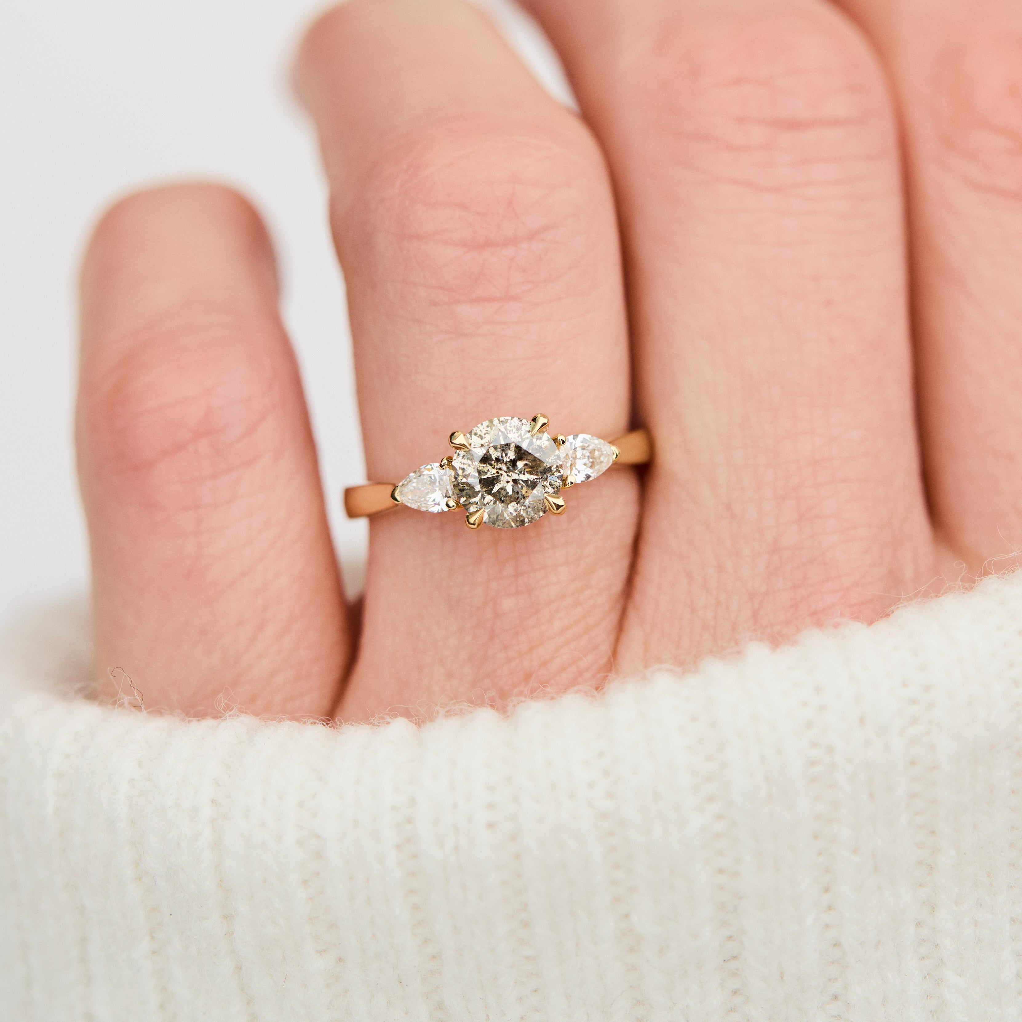 round brilliant cut salt and pepper diamond engagement ring in yellow gold