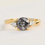 round salt and pepper diamond trilogy engagement ring in yellow gold