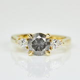 18ct yellow gold salt and pepper round brilliant cut diamond engagement trilogy ring