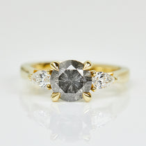 18ct yellow gold salt and pepper round brilliant cut diamond engagement trilogy ring