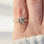 18ct yellow gold salt and pepper cushion cut diamond engagement pavé ring