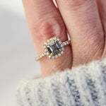 18ct yellow gold salt and pepper cushion cut diamond engagement halo ring