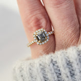 18ct yellow gold salt and pepper cushion cut diamond engagement halo ring