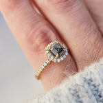 18ct yellow gold salt and pepper cushion cut diamond engagement halo ring