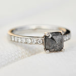 emerald cut salt and pepper diamond platinum engagement ring