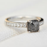 emerald cut salt and pepper diamond platinum engagement ring