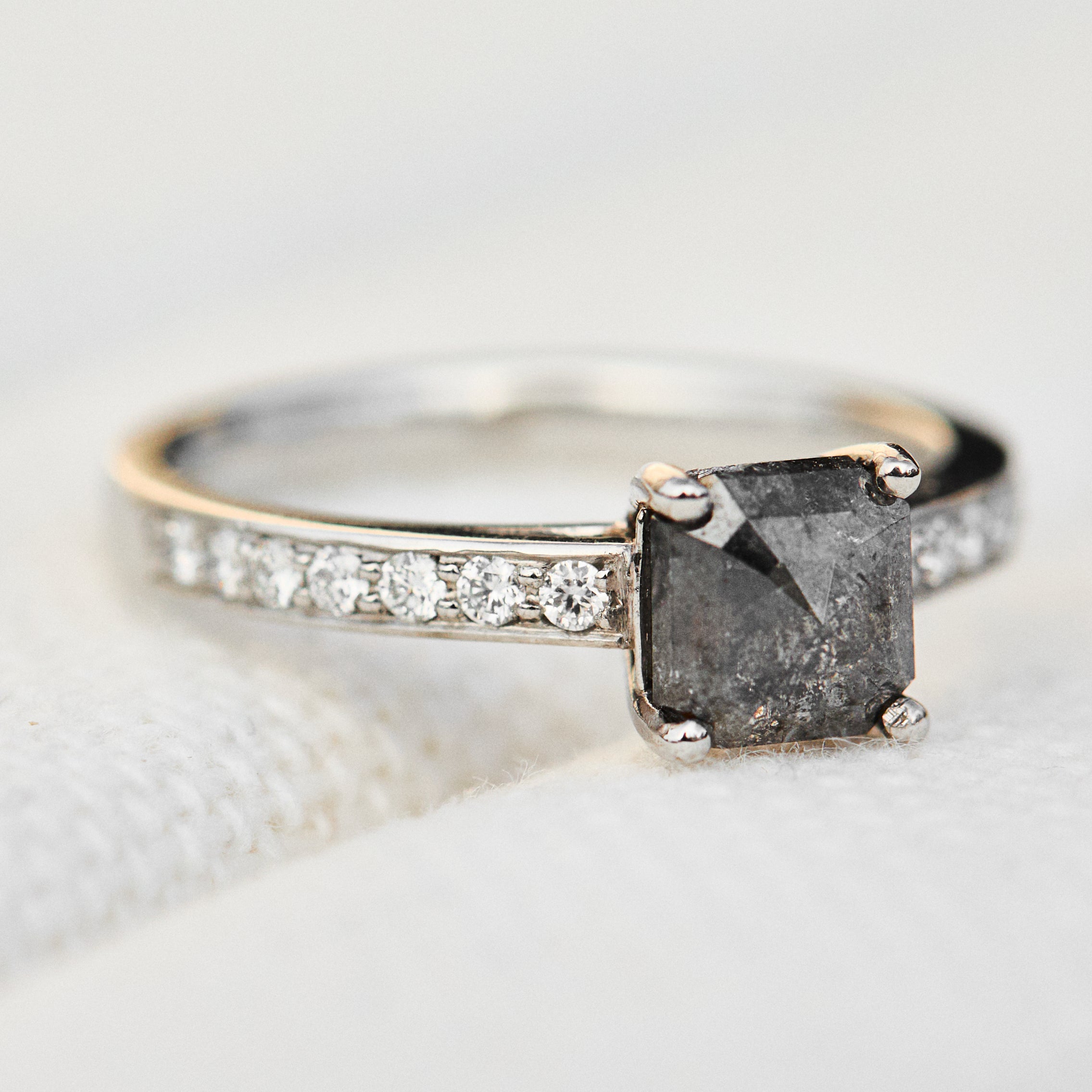 emerald cut salt and pepper diamond platinum engagement ring