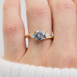 round salt and pepper diamond trilogy engagement ring in yellow gold