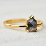 salt and pepper shield shape solitaire diamond ring in yellow gold