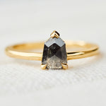 salt and pepper shield shape solitaire diamond ring in yellow gold