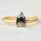 salt and pepper shield shape solitaire diamond ring in yellow gold