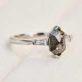 elongated hexagon salt and pepper diamond trilogy engagement ring