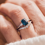 blue teal sapphire and diamond engagement ring stack
