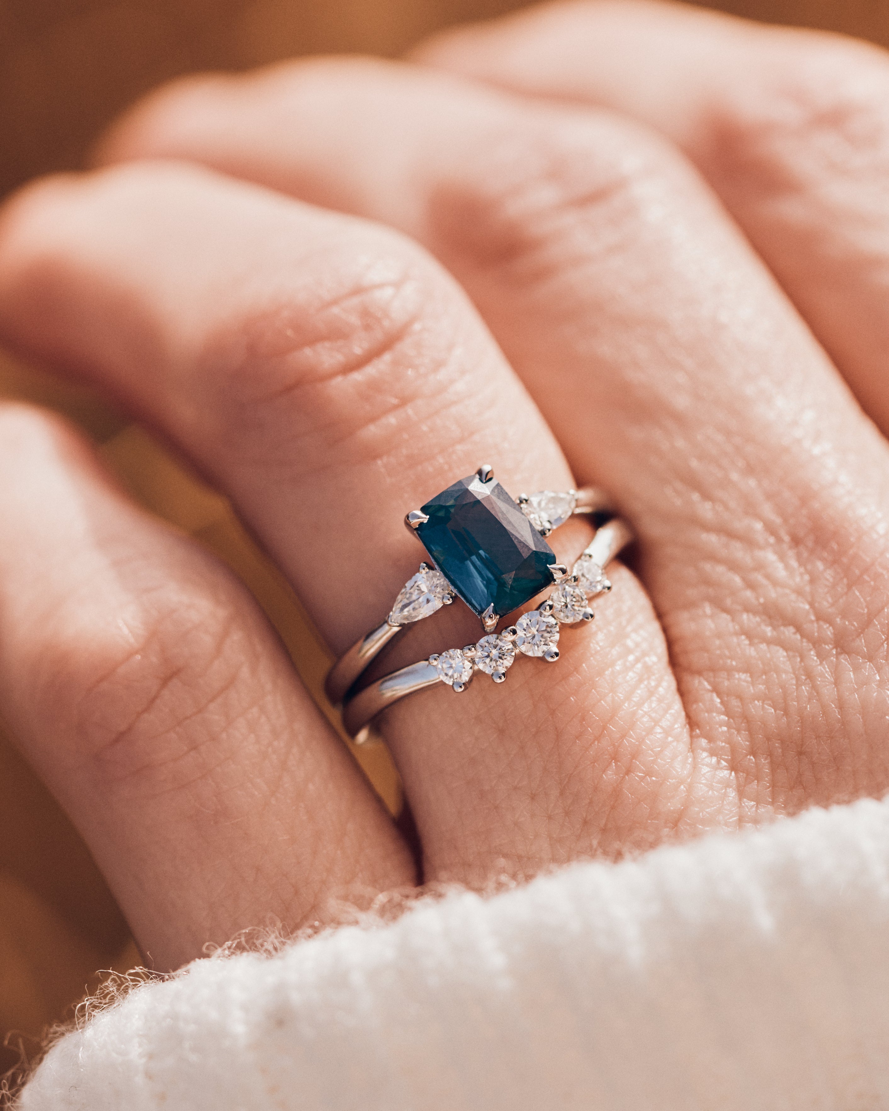 blue teal sapphire and diamond engagement ring stack