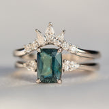 blue teal sapphire and diamond engagement ring stack