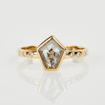 18ct yellow gold salt and pepper shield diamond engagement bezel ring