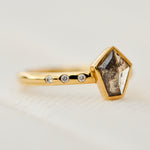 18ct yellow gold salt and pepper shield diamond engagement bezel ring