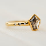 18ct yellow gold salt and pepper shield diamond engagement bezel ring