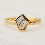 18ct yellow gold salt and pepper shield diamond engagement bezel ring
