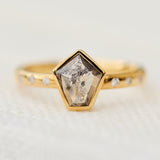 18ct yellow gold salt and pepper shield diamond engagement bezel ring
