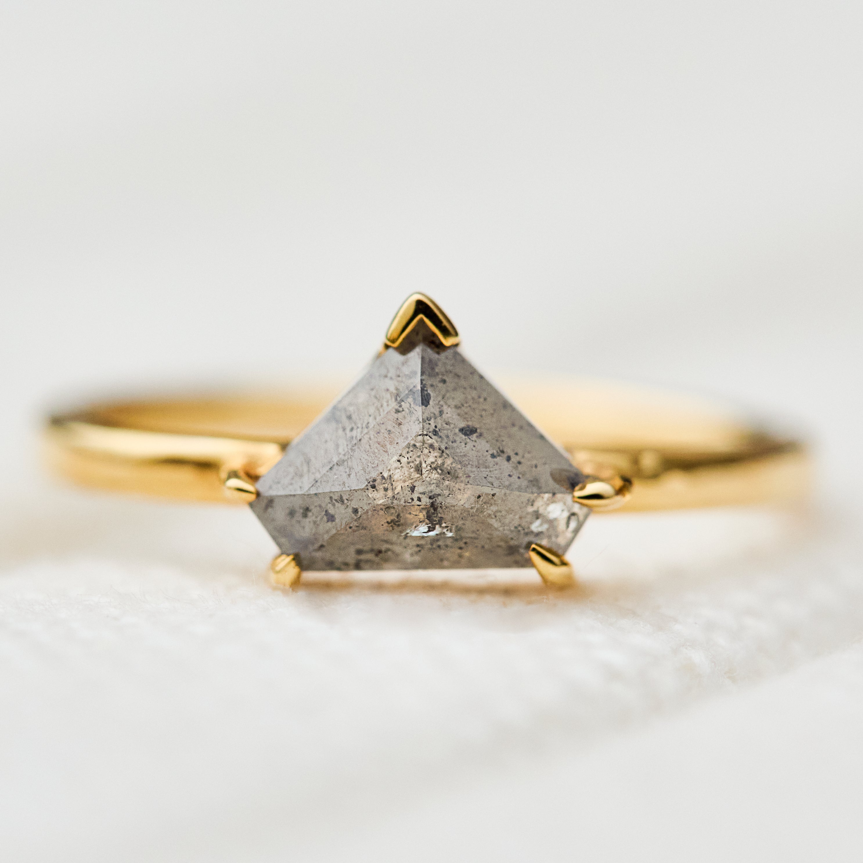 shield shape salt and pepper solitaire ring