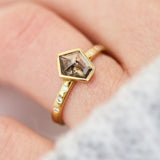 18ct yellow gold salt and pepper shield diamond engagement bezel ring