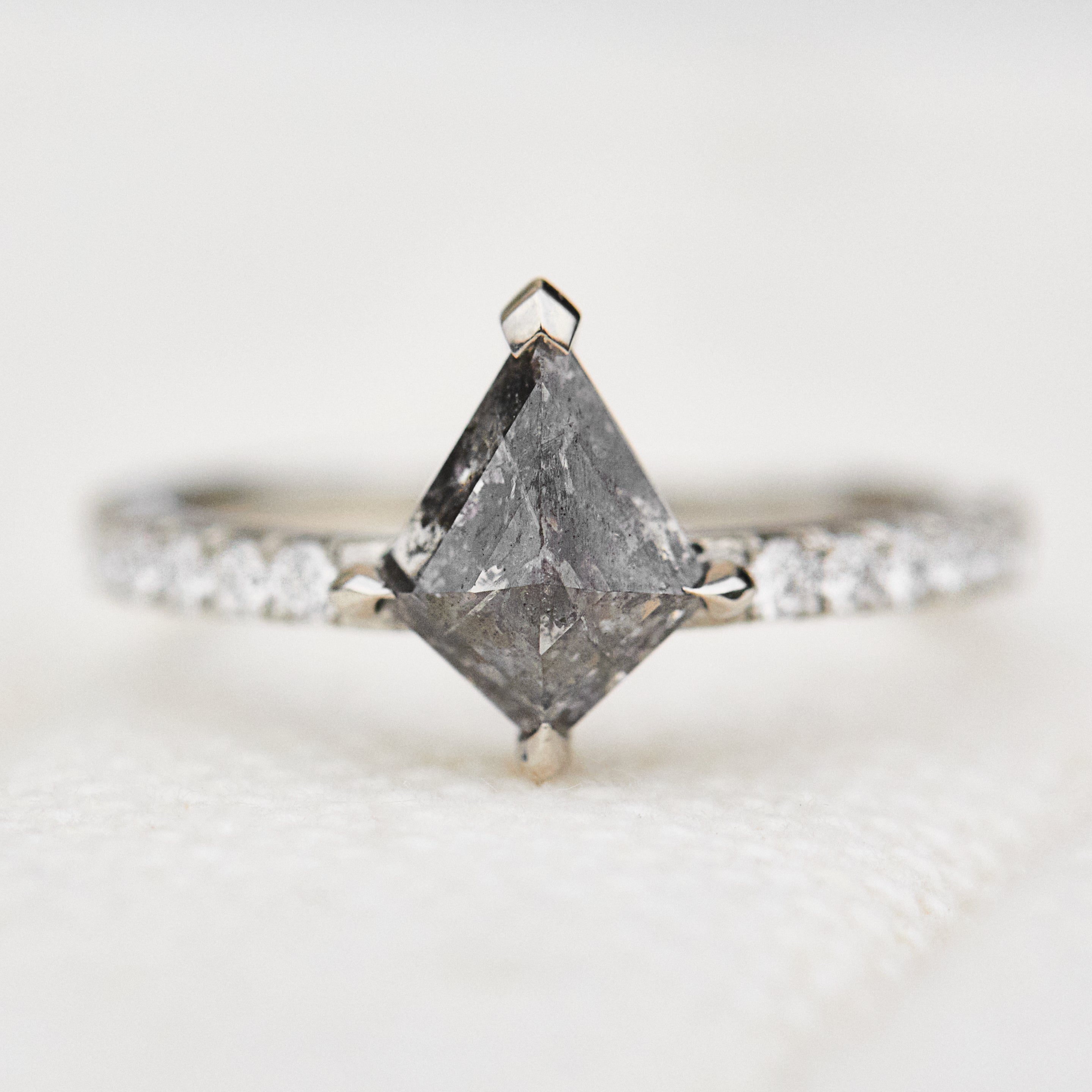 stormy grey kite shape salt and pepper diamond pave engagement ring