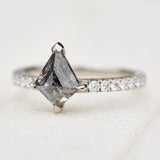 stormy grey kite shape salt and pepper diamond pave engagement ring