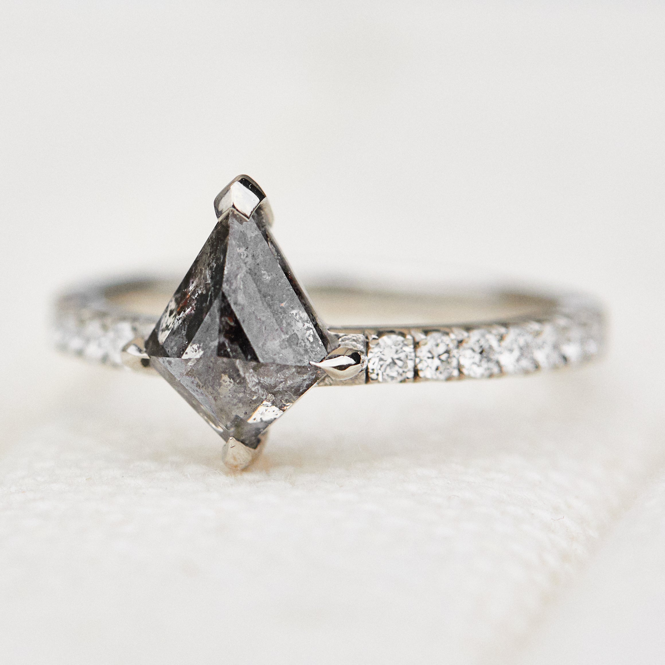 stormy grey kite shape salt and pepper diamond pave engagement ring