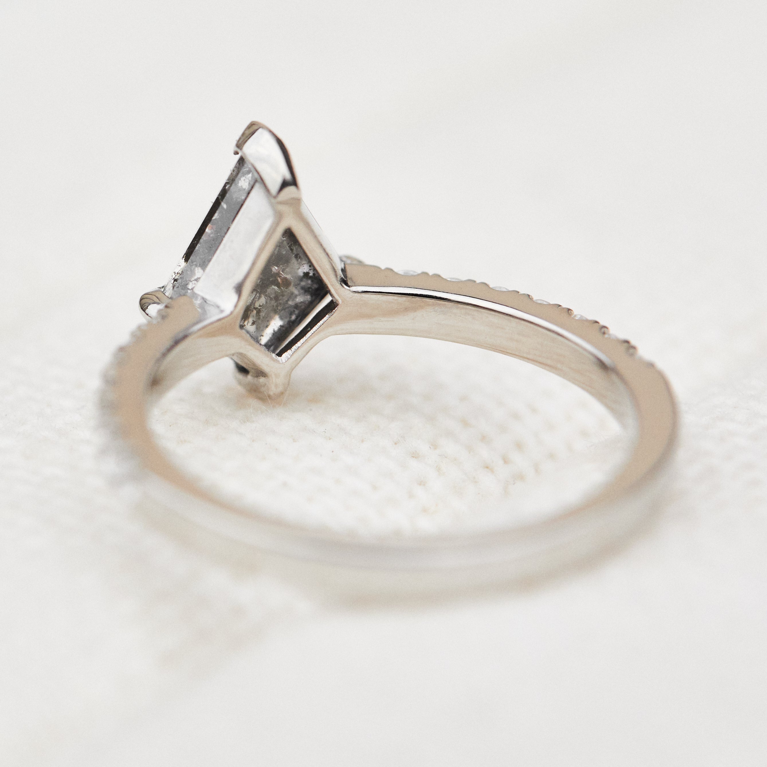 stormy grey kite shape salt and pepper diamond pave engagement ring