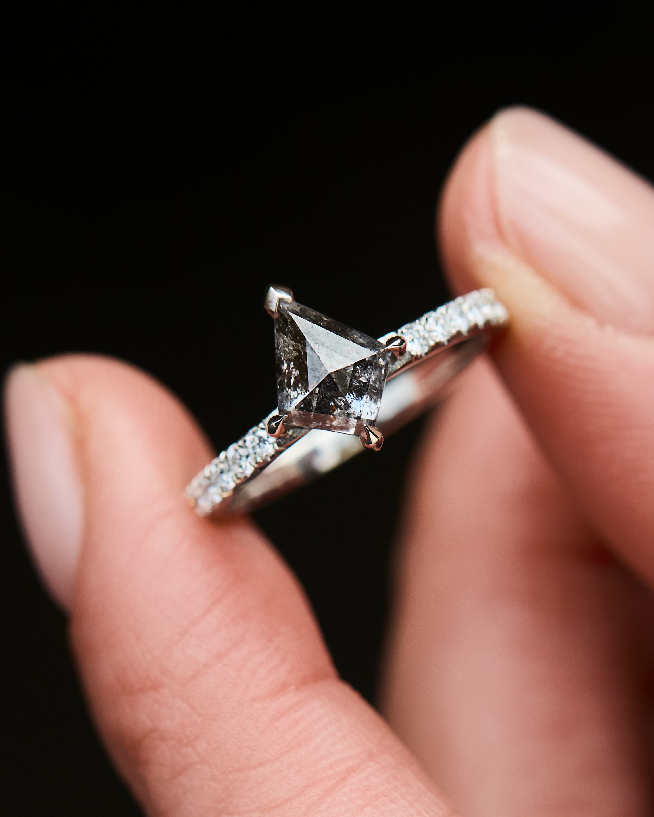stormy grey kite shape salt and pepper diamond pave engagement ring