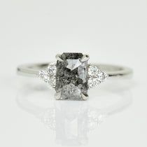 Platinum salt and pepper emerald cut diamond engagement one-of-a-kind ring