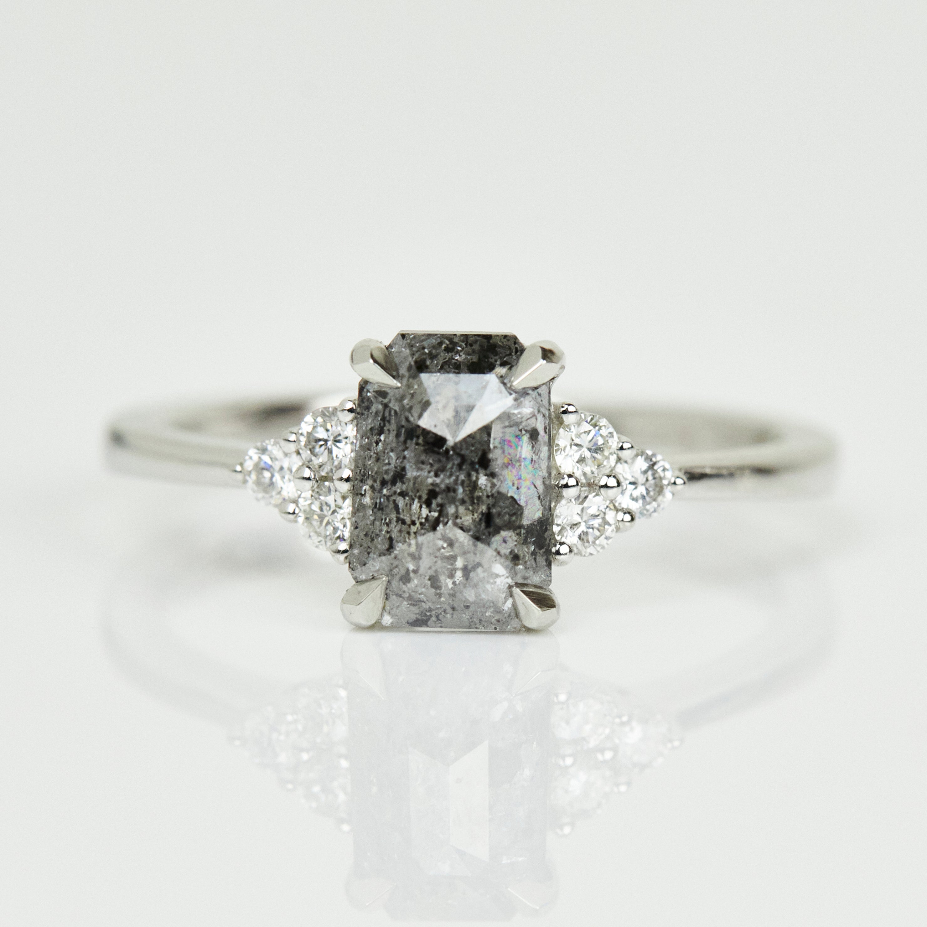 Platinum salt and pepper emerald cut diamond engagement one-of-a-kind ring