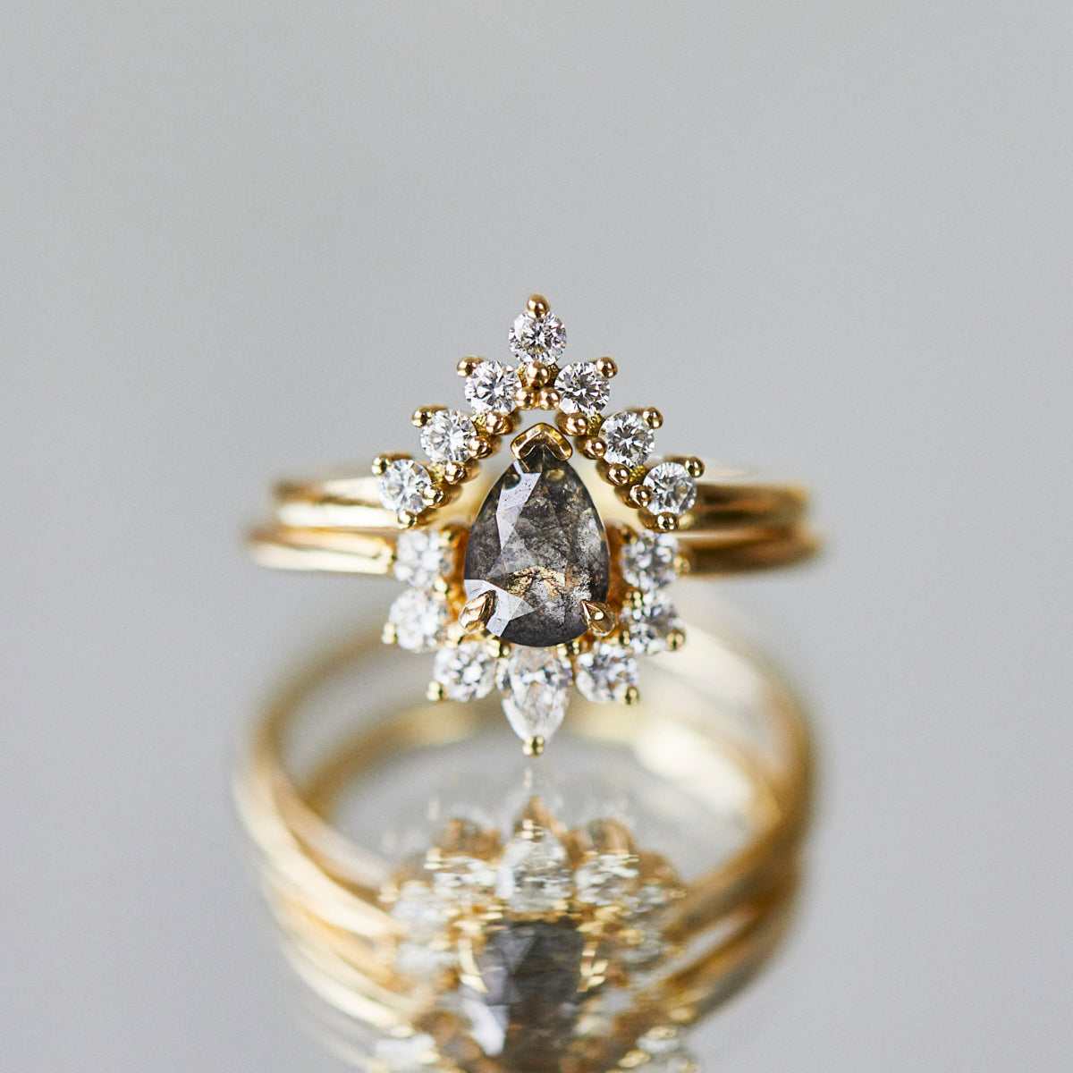 18ct yellow gold salt and pepper pear diamond engagement one-of-a-kind ring