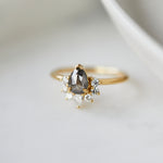 18ct yellow gold salt and pepper pear diamond engagement one-of-a-kind ring