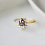 18ct yellow gold salt and pepper pear diamond engagement one-of-a-kind ring