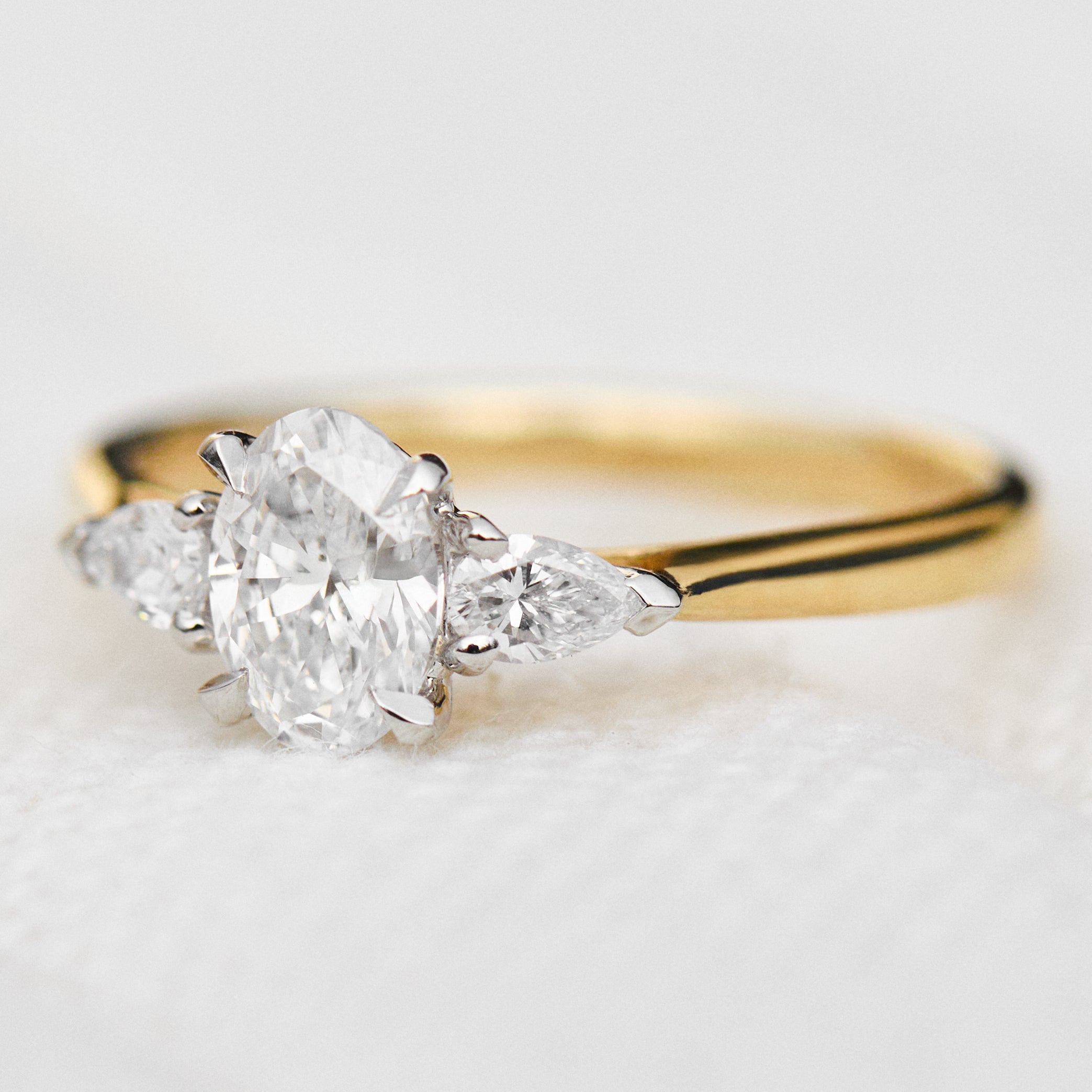 yellow gold and platinum lab grown diamond trilogy engagement ring