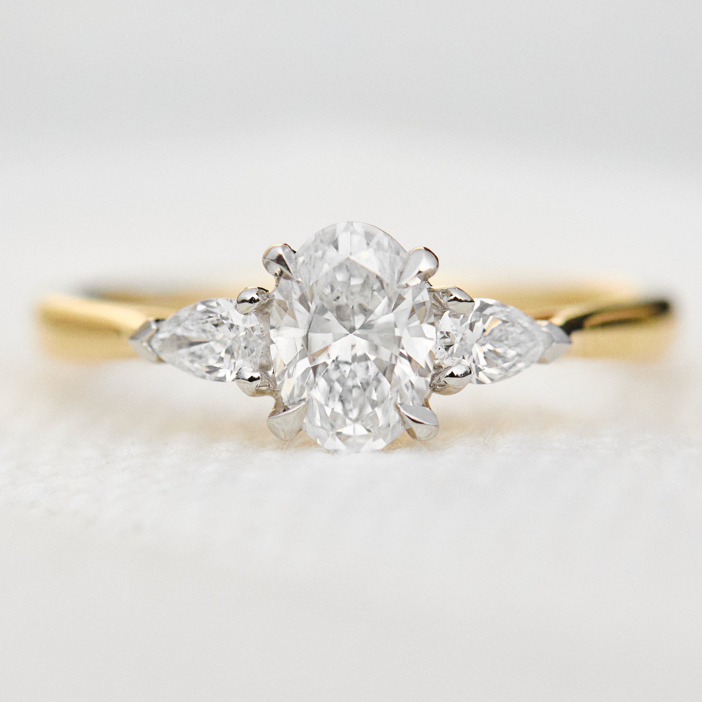 yellow gold and platinum lab grown diamond trilogy engagement ring