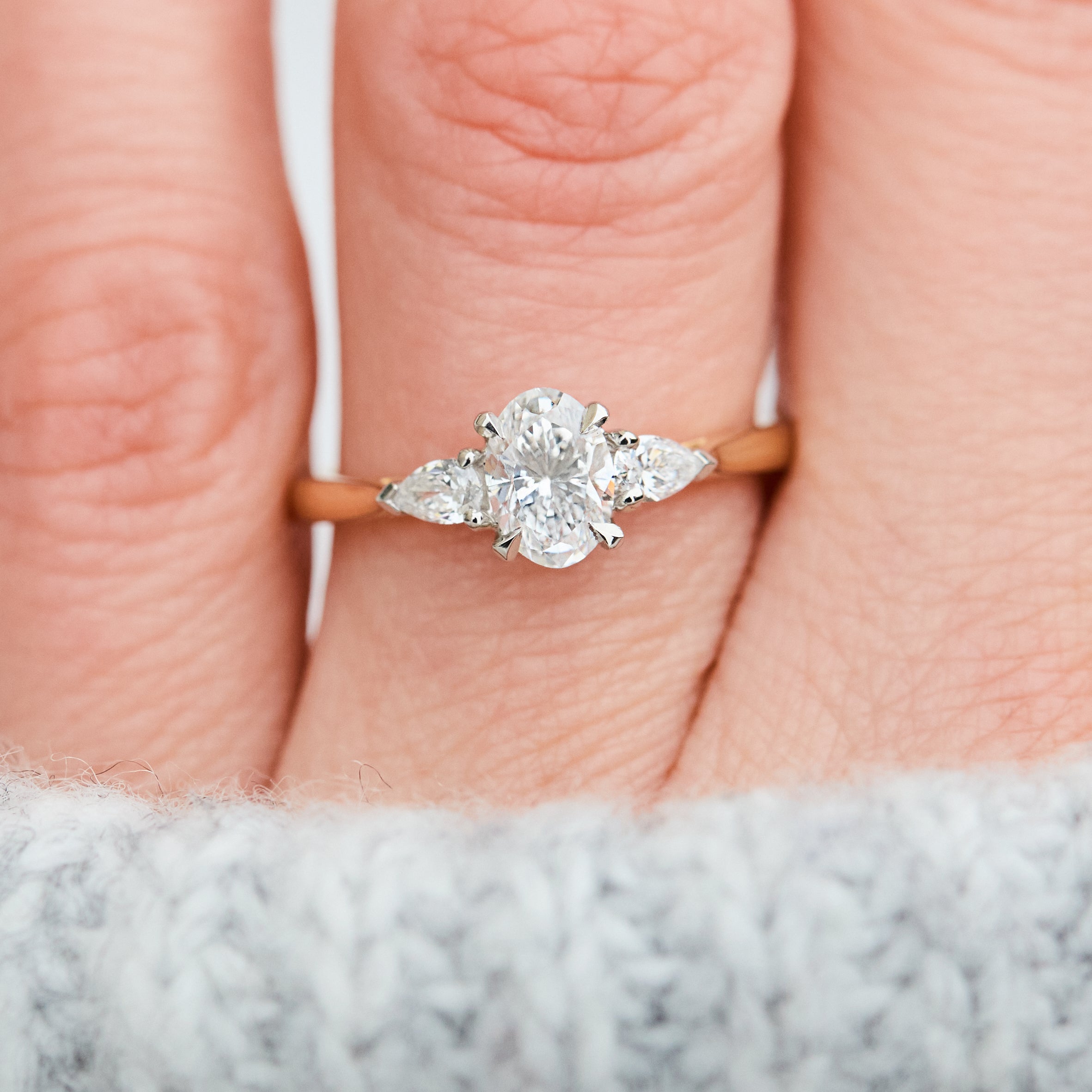 yellow gold and platinum lab grown diamond trilogy engagement ring